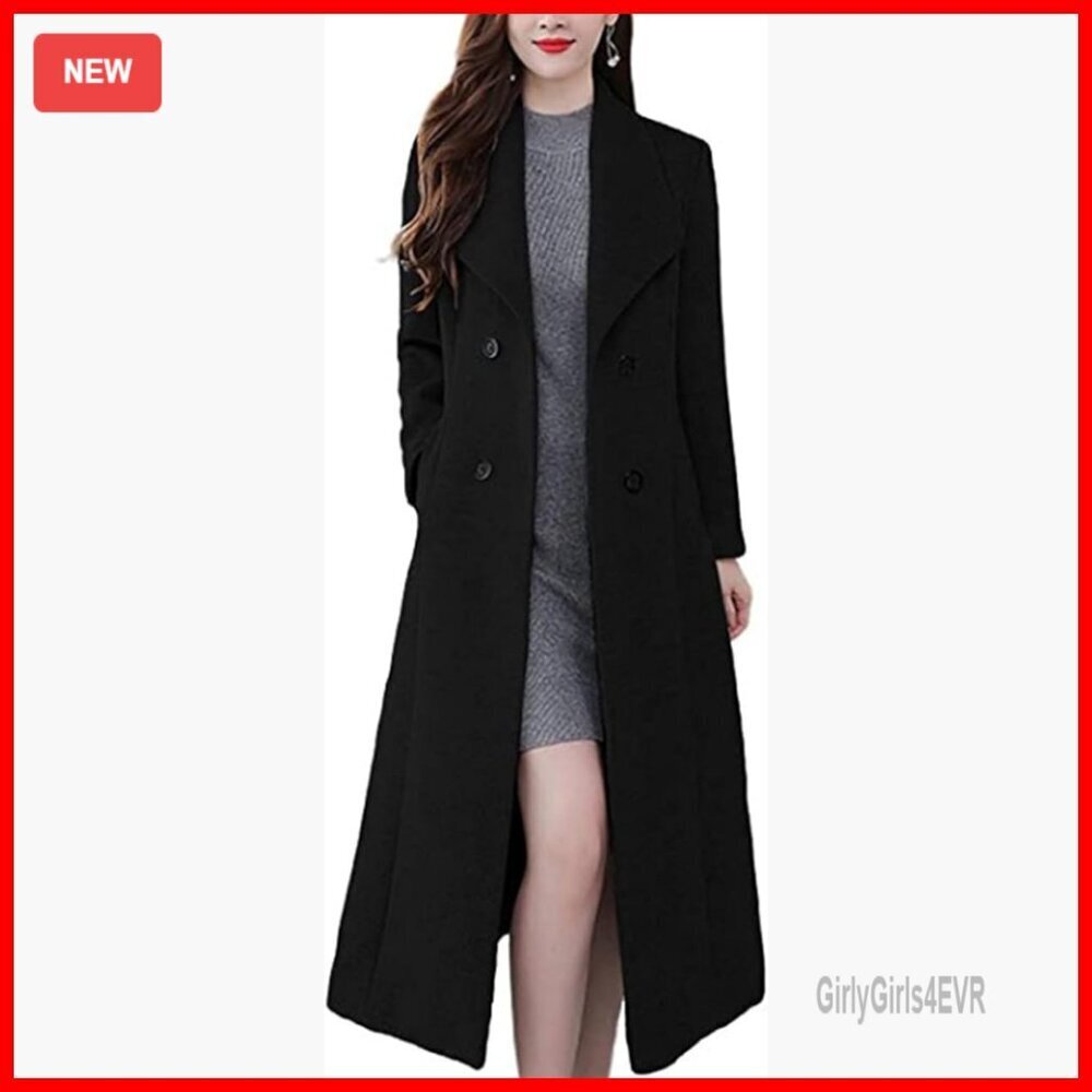 Slim Fit Wool Blend Trench Coat Shawl Collar Double Breasted Maxi Length